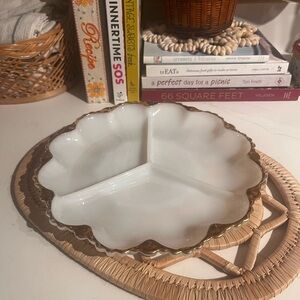 Anchor Hocking Fire King White and Gold Scalloped 3 Part Divided Dish